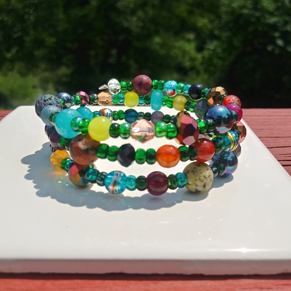 Hand Crafted Jewelry - Opal Jasper Beaded Bracelet Festival Vibe Memory Green Gemstone Art Handmade